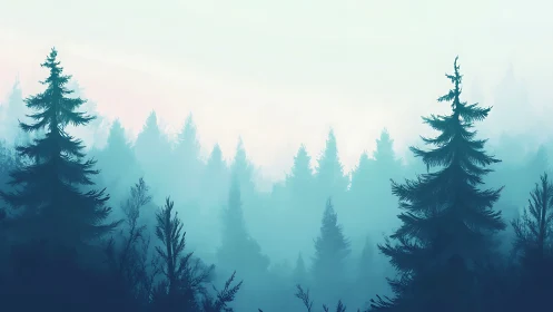 Misty coniferous forest in atmospheric fog and soft light.