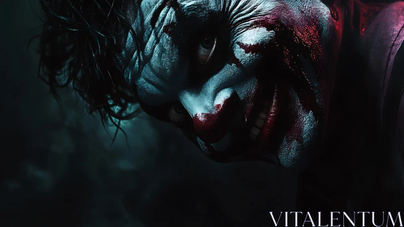 Close-up side portrait of male figure in smeared clown makeup.