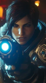 Photorealistic sci-fi heroine with luminous plasma sidearm.