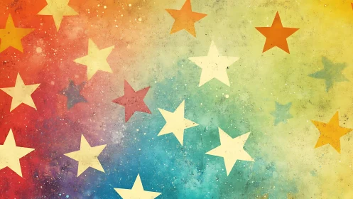 Chromatic gradient field with scattered five-point star silhouettes.