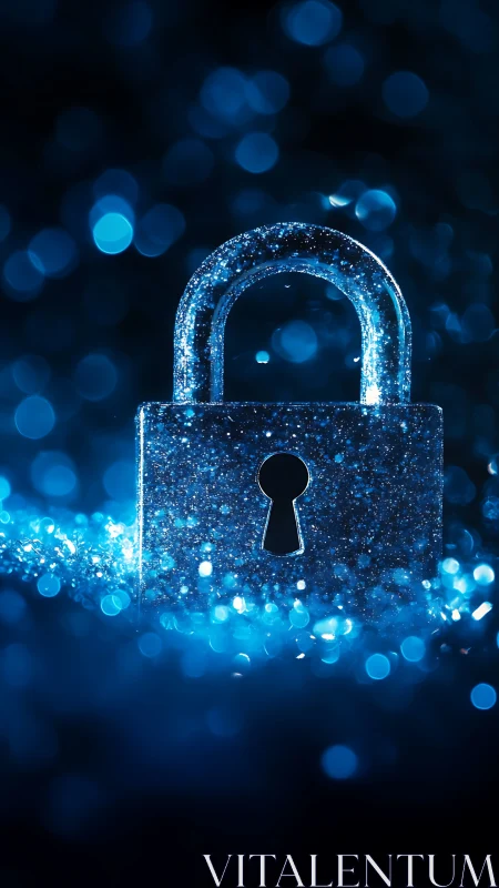 Metal padlock with glitter surface on blue bokeh background.