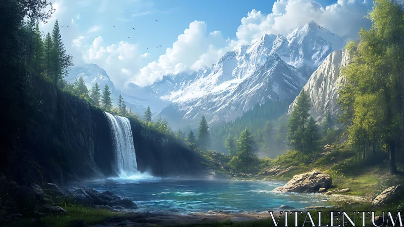 Digital alpine waterfall vista with atmospheric depth rendering.