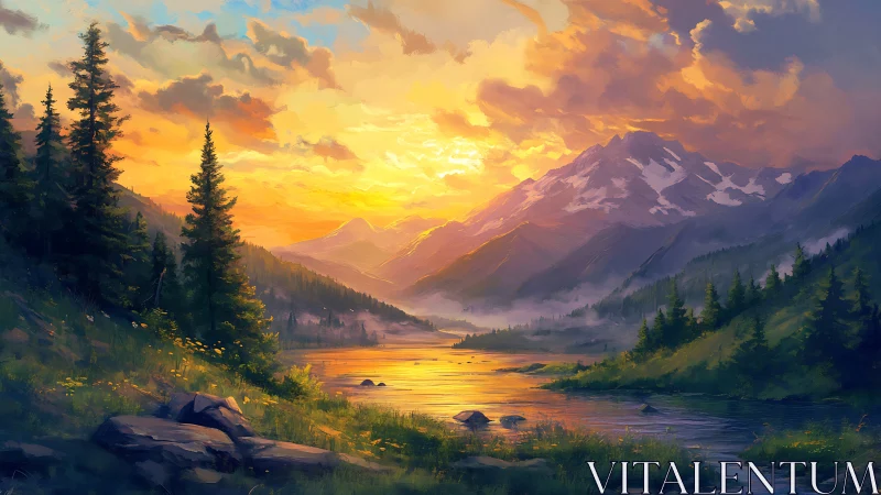 High-saturation alpine river valley under volumetric sunset sky