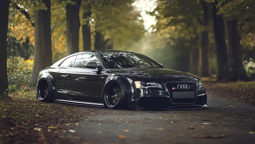 Sleek black Audi coupe rests low beneath a golden forest canopy