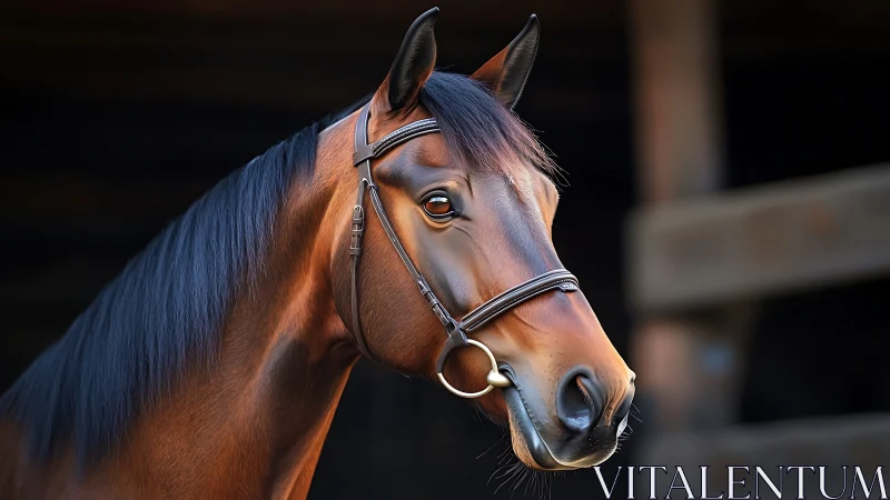 Gentle bay horse posing calmly in warm stable light.