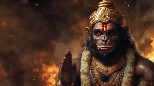 Hyperrealistic simian deity portrait with ornate gold regalia