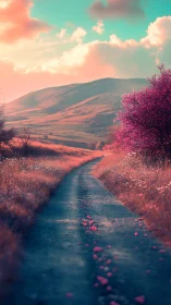 Curving rural path extends toward distant hills and sky