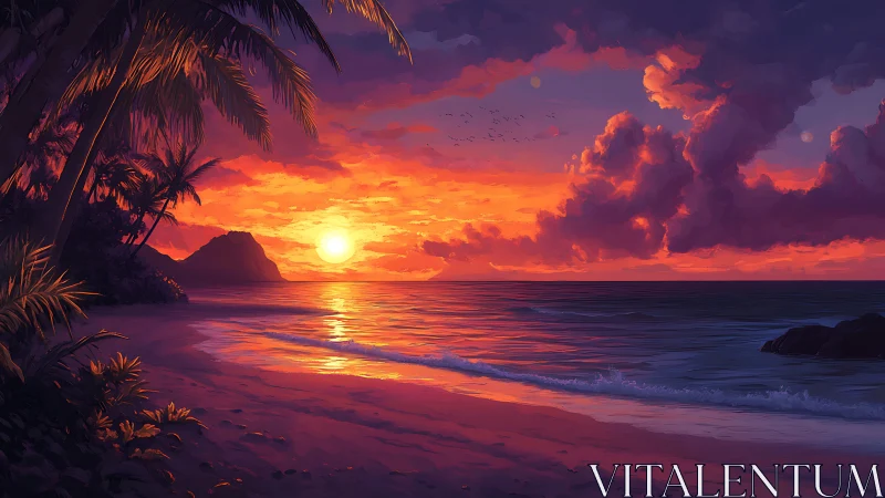 Sunset illuminates tropical shoreline with layered cloud formations