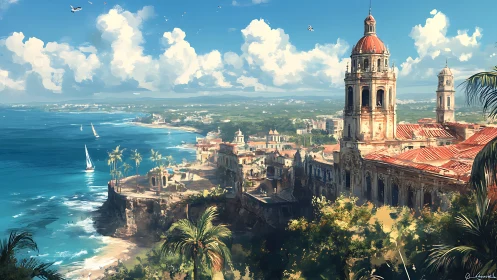 Sunlit coastal cathedral complex crowns steep cliffside bay