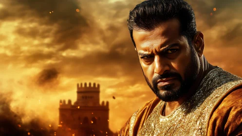 Armored warrior portrait under burning sky and distant fortress