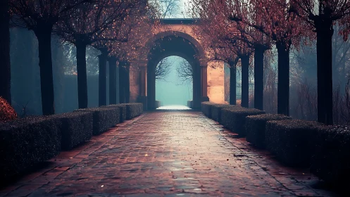 Brick garden walkway with archway under bare trees.
