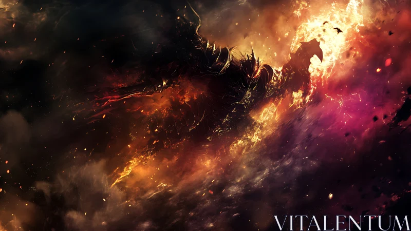 Armored fiery creature emerges through turbulent cosmic flame