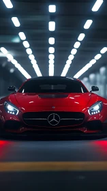 Photorealistic frontal study of red sports car in tunnel lighting.