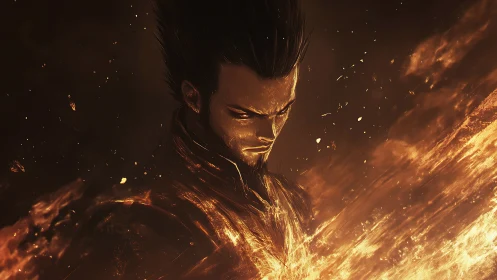 Firelit warrior in quiet focus amid swirling embers.