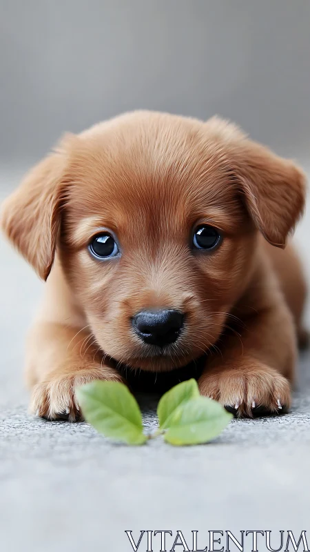 Brown puppy lying on ground surface with green leaves.