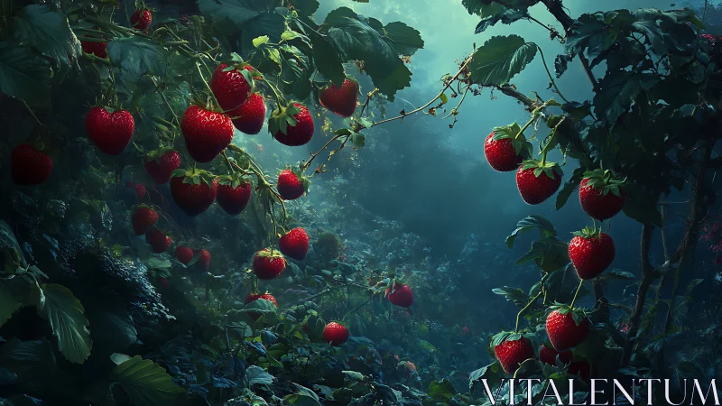 Strawberry plants hanging in a dim, misty forest scene.