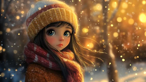 Snowlit daydreamer wrapped in ember-gold winter hush.