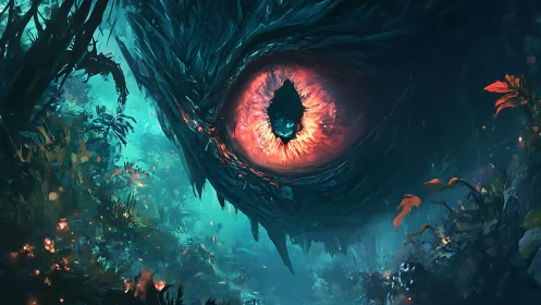 Colossal forest eye watching a glowing, haunted jungle dream.