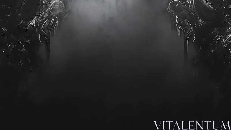 Dark gradient field with mirrored abstract metal forms.