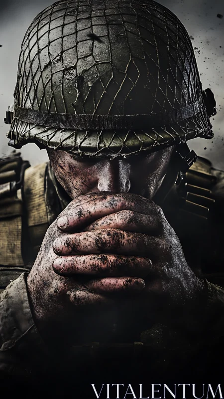 Soldier in combat gear with clasped hands in close portrait.