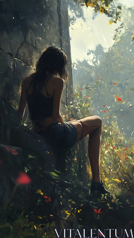 Solitary woman rests in ruined garden washed by quiet rain