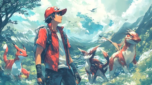 Anime trainer explores luminous valley with red dragon creatures