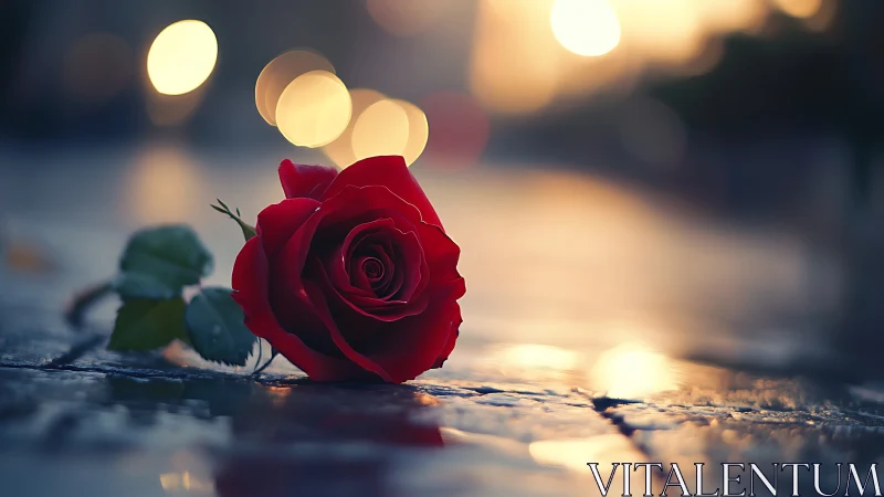 Red rose on wet surface with bokeh lighting backdrop.