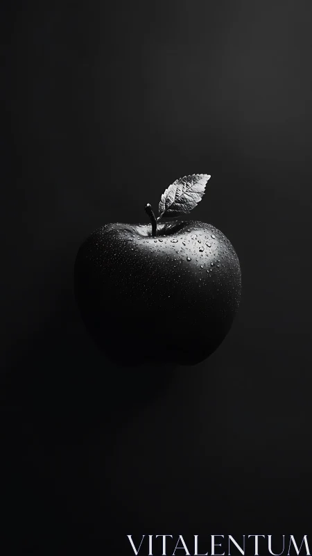 Black apple with leaf in stark monochrome lighting.