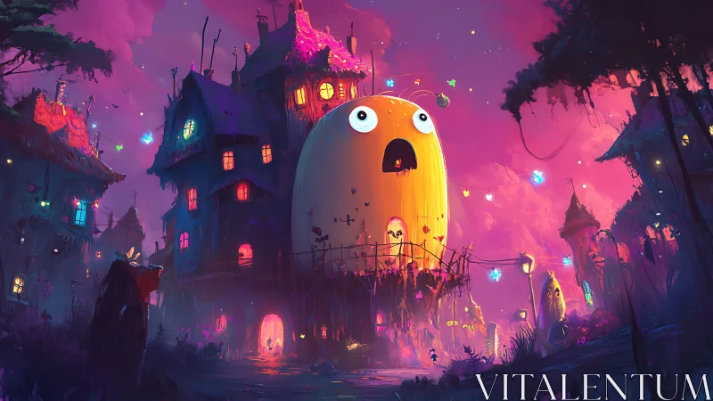 Whimsical ghost houses glow under a neon twilight sky