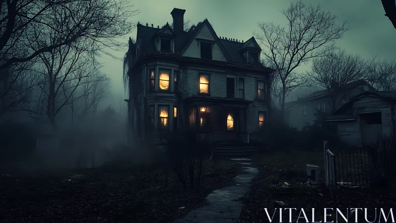 Gloomy old house glows softly through a deep evening fog