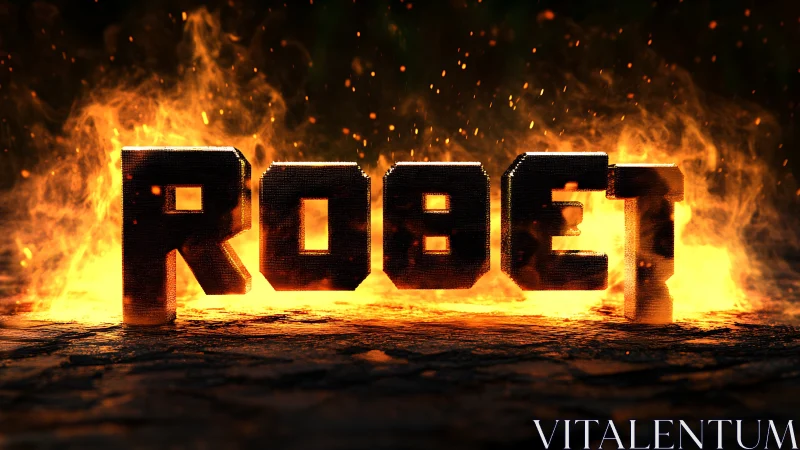 Robotic block text stands in blazing cinematic flames.