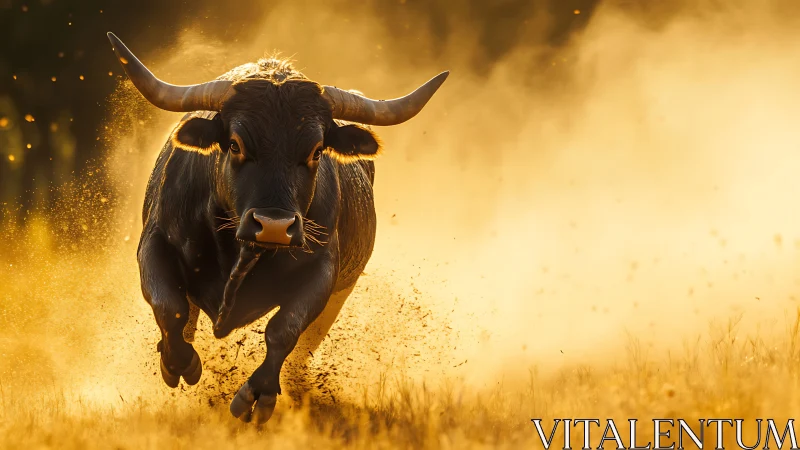 Running bull moves forward through dust in backlit field