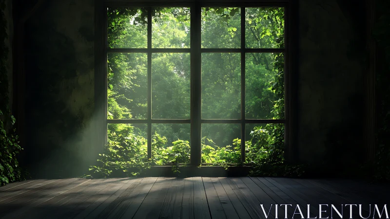 Sunlit forest framed by large window in empty room.