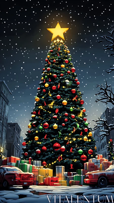 Glowing city Christmas tree wrapped in lights and presents.