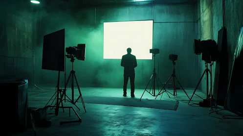 Backlit filmmaker in moody green studio environment.