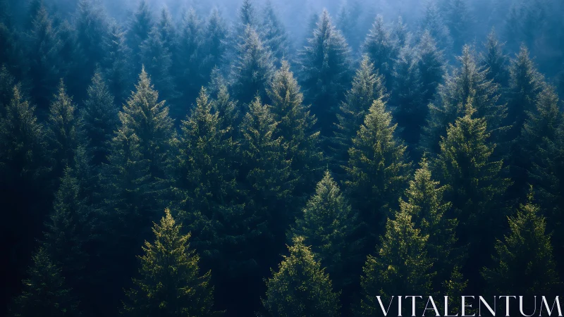 Dense Pine Forest in Morning Mist, Atmospheric Nature Photography.