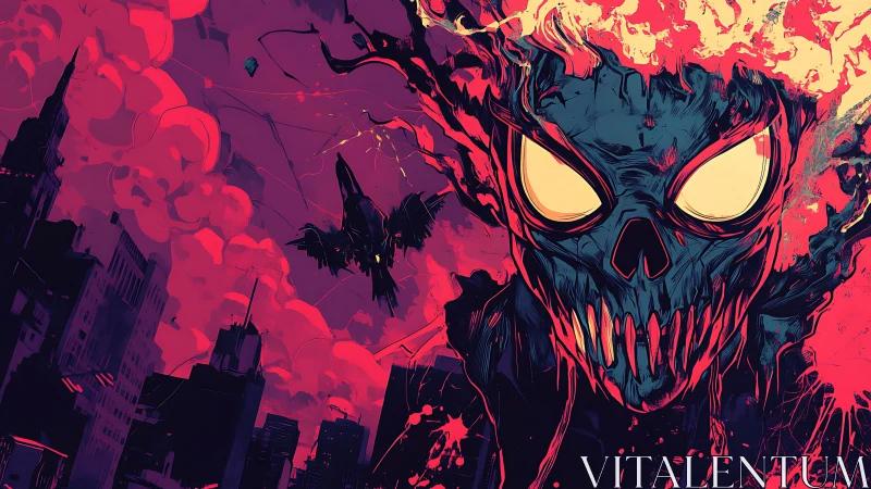 Neon infernal skull over cityscape in dynamic comic composition.