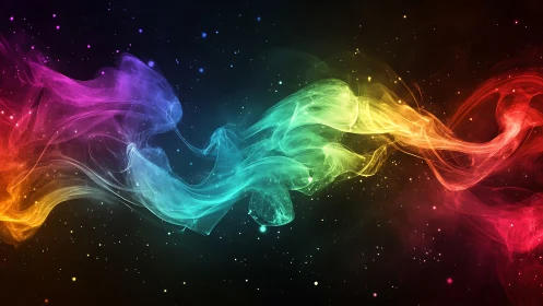 Multicolor translucent light bands traverse a dark starfield