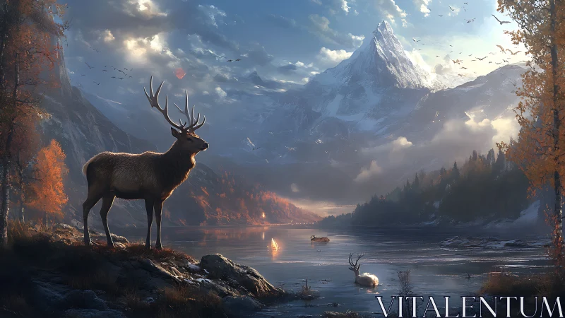 Majestic stag overlooking glacial alpine lake at sunrise
