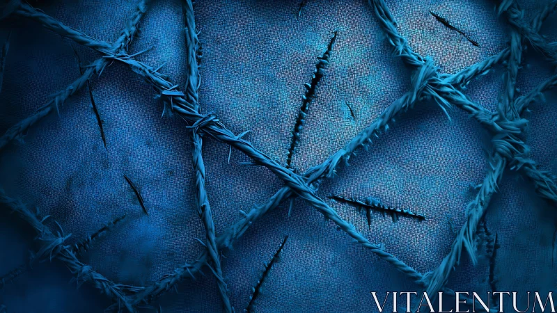 Diagonal blue barbed strands intersect over textured surface