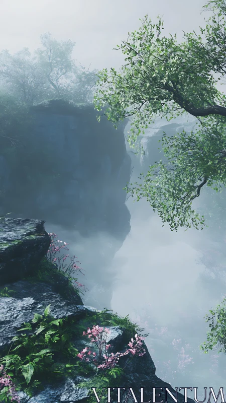 Mistwalk Gorge and Spring Blossoms Above the Quiet Drop.