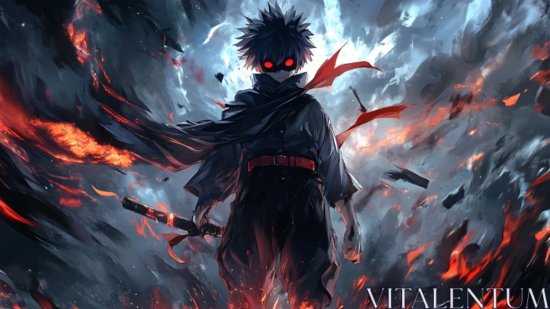 Backlit anime swordsman in eruptive embers and stormfire