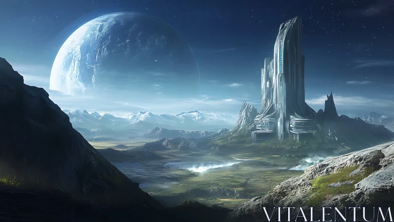 Futuristic tower rising over alien valley and planet