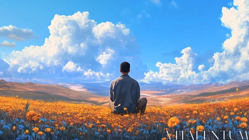 Solitary observer studies vast flower field under cumulus cloudscape