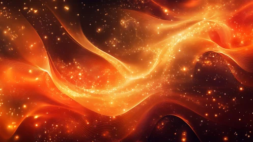 Orange and red light waves with particle effects flowing across dark background