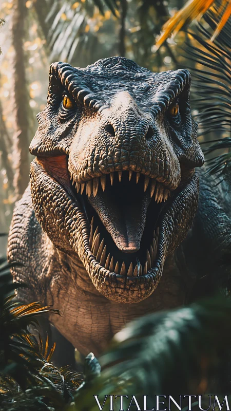 Roaring Tyrannosaurus rex lunging forward in dense jungle