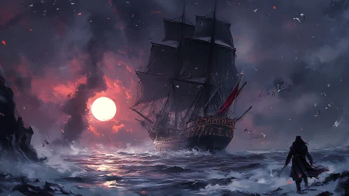 Storm-lit war galleon under blood-red sun in turbulent seas.