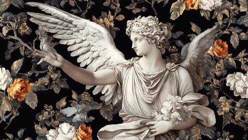 Neoclassical winged statue interacts with flora in baroque tableau