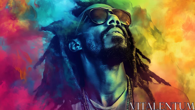 Chromatic vapor portrait of dreadlocked subject in sunglasses.