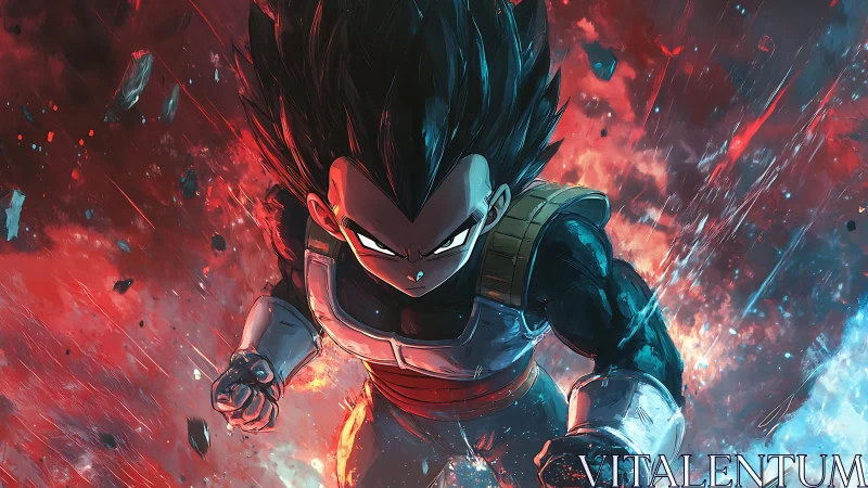 Saiyan warrior storms through cosmic fire and shattered sky.
